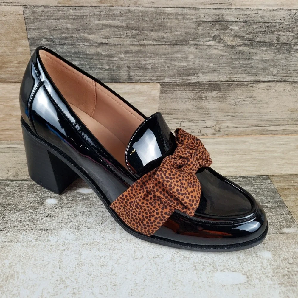 Bandolino Korrar Womens Loafer Shoes Sz 10 M Black High Block Heel Bow Wrapped